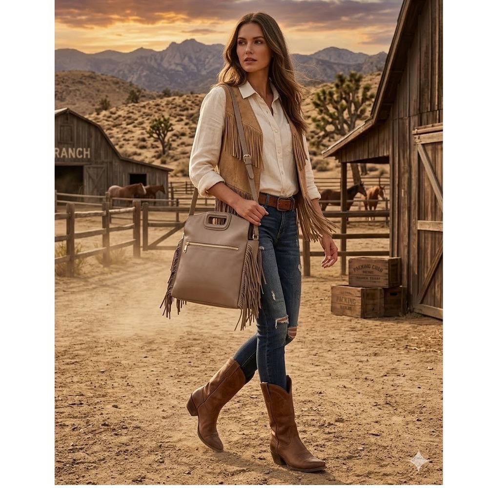 Ah-dorned Taupe Vegan Leather Fringe Crossbody Bag with Cutout Handle NWT Boho